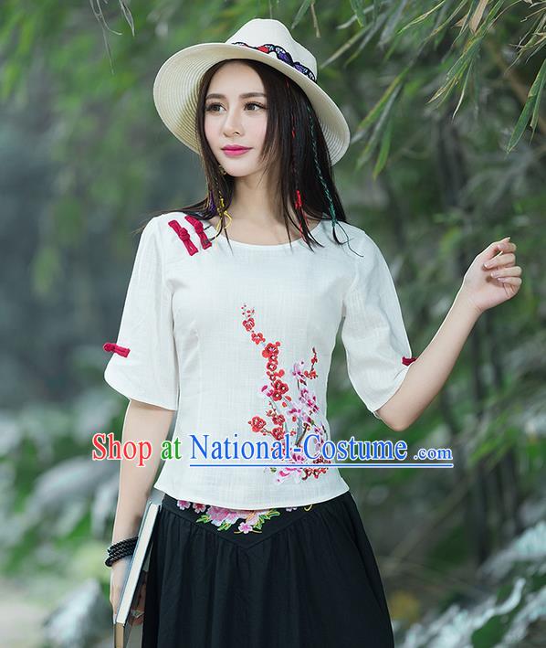 Traditional Chinese National Costume, Elegant Hanfu Embroidery Flowers White T-Shirt, China Tang Suit Republic of China Chirpaur Blouse Cheong-sam Upper Outer Garment Qipao Shirts Clothing for Women