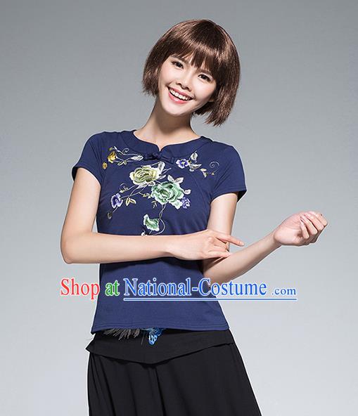 Traditional Chinese National Costume, Elegant Hanfu Embroidery Flowers Blue T-Shirt, China Tang Suit Plated Buttons Chirpaur Blouse Cheong-sam Upper Outer Garment Qipao Shirts Clothing for Women