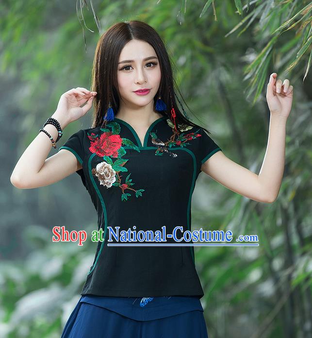 Traditional Chinese National Costume, Elegant Hanfu Embroidery Flowers Black T-Shirt, China Tang Suit Republic of China Chirpaur Blouse Cheong-sam Upper Outer Garment Qipao Shirts Clothing for Women