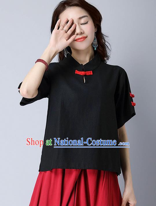 Traditional Chinese National Costume, Elegant Hanfu Stand Collar Black T-Shirt, China Tang Suit Republic of China Plated Buttons Chirpaur Blouse Cheong-sam Upper Outer Garment Qipao Shirts Clothing for Women