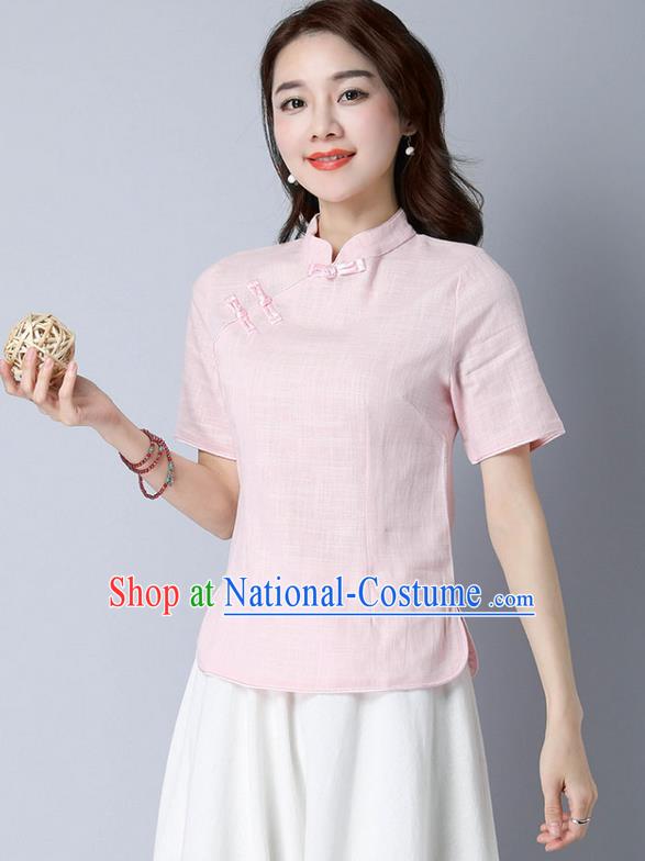 Traditional Chinese National Costume, Elegant Hanfu Stand Collar Pink T-Shirt, China Tang Suit Republic of China Plated Buttons Chirpaur Blouse Cheong-sam Upper Outer Garment Qipao Shirts Clothing for Women