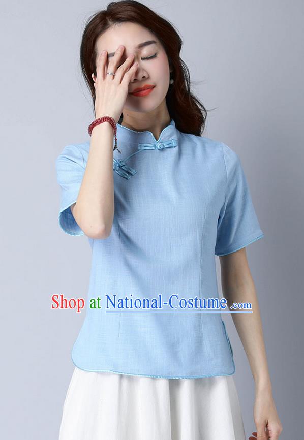 Traditional Chinese National Costume, Elegant Hanfu Stand Collar Blue T-Shirt, China Tang Suit Republic of China Plated Buttons Chirpaur Blouse Cheong-sam Upper Outer Garment Qipao Shirts Clothing for Women