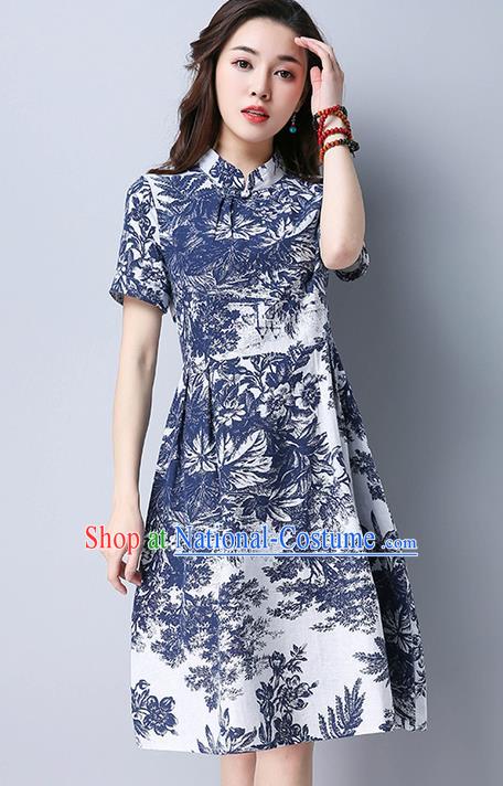 Traditional Ancient Chinese National Costume, Elegant Hanfu Mandarin Qipao Linen Ink Painting White Dress, China Tang Suit Chirpaur Republic of China Cheongsam Upper Outer Garment Elegant Dress Clothing for Women