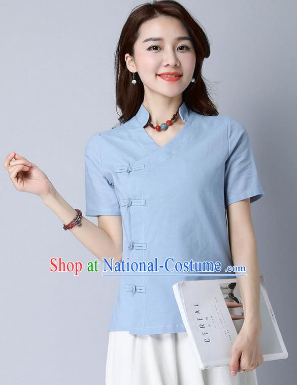 Traditional Chinese National Costume, Elegant Hanfu Stand Collar Slant Opening Blue T-Shirt, China Tang Suit Republic of China Plated Buttons Chirpaur Blouse Cheong-sam Upper Outer Garment Qipao Shirts Clothing for Women