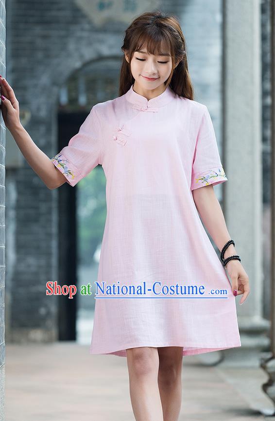 Traditional Ancient Chinese National Costume, Elegant Hanfu Mandarin Qipao Embroidery Sleeve Linen Pink Dress, China Tang Suit Chirpaur Republic of China Cheongsam Upper Outer Garment Elegant Dress Clothing for Women