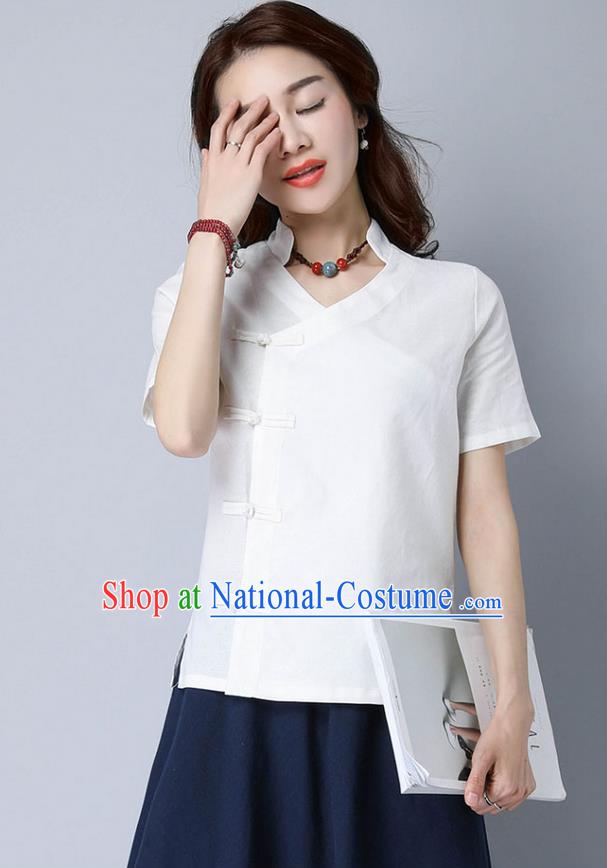 Traditional Chinese National Costume, Elegant Hanfu Stand Collar Slant Opening White T-Shirt, China Tang Suit Republic of China Plated Buttons Chirpaur Blouse Cheong-sam Upper Outer Garment Qipao Shirts Clothing for Women