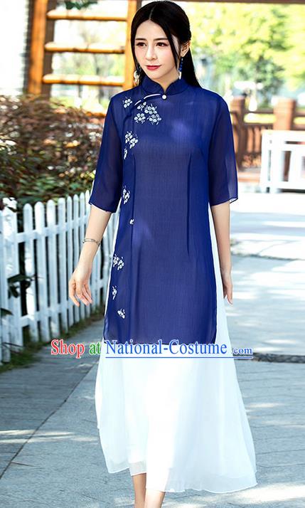 Traditional Ancient Chinese National Costume, Elegant Hanfu Mandarin Qipao Linen Hand Painting Dress, China Tang Suit Chirpaur Republic of China Cheongsam Upper Outer Garment Elegant Dress Clothing for Women