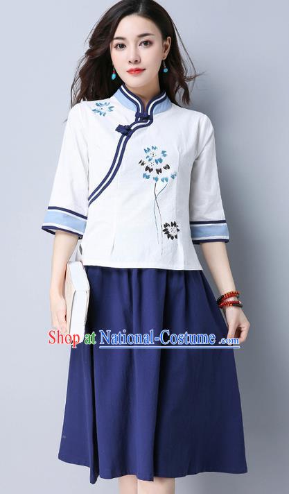 Traditional Ancient Chinese National Costume, Elegant Hanfu Mandarin Qipao Linen Hand Painting Blouse and Dress, China Tang Suit Chirpaur Republic of China Cheongsam Upper Outer Garment and Skirt Clothing for Women