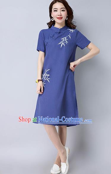 Traditional Ancient Chinese National Costume, Elegant Hanfu Mandarin Qipao Hand Painting Blue Dress, China Tang Suit Stand Collar Chirpaur Republic of China Cheongsam Upper Outer Garment Elegant Dress Clothing for Women