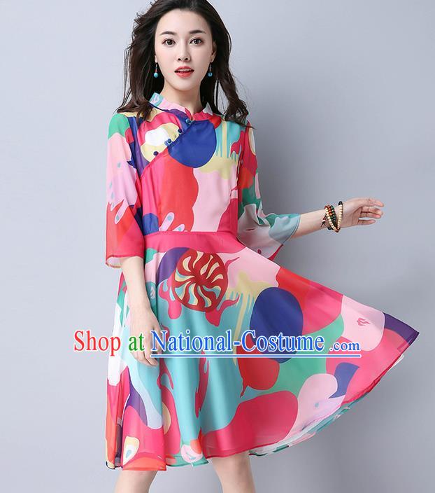 Traditional Ancient Chinese National Costume, Elegant Hanfu Mandarin Qipao Printing Red Bubble Dress, China Tang Suit Stand Collar Chirpaur Republic of China Cheongsam Upper Outer Garment Elegant Dress Clothing for Women