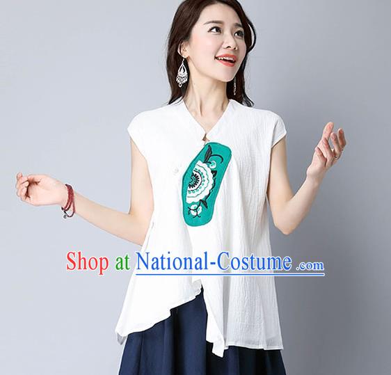 Traditional Chinese National Costume, Elegant Hanfu Patch Embroidery White T-Shirt, China Tang Suit Republic of China Plated Buttons Chirpaur Blouse Cheong-sam Upper Outer Garment Qipao Shirts Clothing for Women