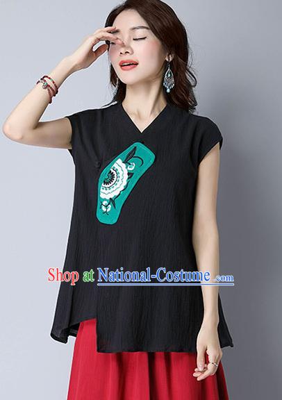 Traditional Chinese National Costume, Elegant Hanfu Patch Embroidery Black T-Shirt, China Tang Suit Republic of China Plated Buttons Chirpaur Blouse Cheong-sam Upper Outer Garment Qipao Shirts Clothing for Women