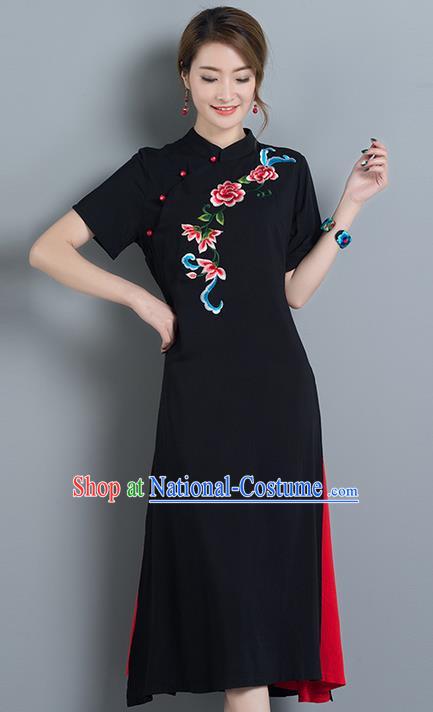 Traditional Ancient Chinese National Costume, Elegant Hanfu Mandarin Qipao Embroidery Black Linen Dress, China Tang Suit Chirpaur Republic of China Cheongsam Upper Outer Garment Elegant Dress Clothing for Women