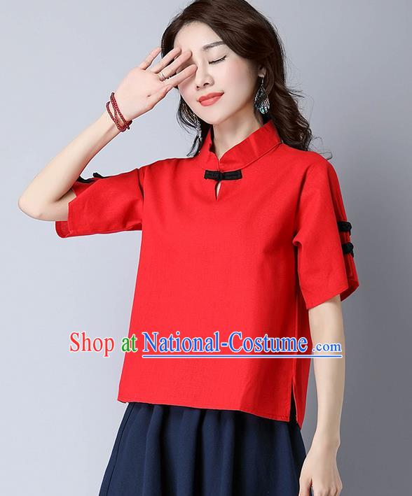 Traditional Chinese National Costume, Elegant Hanfu Stand Collar Red T-Shirt, China Tang Suit Republic of China Plated Buttons Chirpaur Blouse Cheong-sam Upper Outer Garment Qipao Shirts Clothing for Women