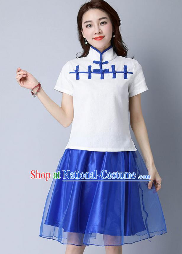 Traditional Chinese National Costume, Elegant Hanfu Stand Collar White T-Shirt, China Tang Suit Republic of China Plated Buttons Chirpaur Blouse Cheong-sam Upper Outer Garment Qipao Shirts Clothing for Women