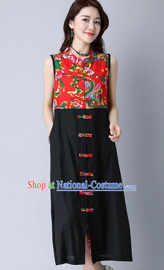 Traditional Ancient Chinese National Costume, Elegant Hanfu Mandarin Qipao Peony Flowers Joint Linen Black Dress, China Tang Suit Chirpaur Republic of China Cheongsam Upper Outer Garment Elegant Dress Clothing for Women