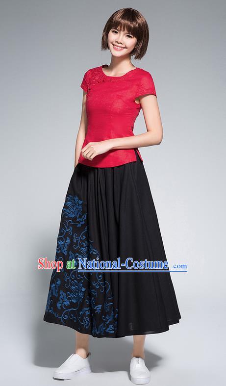 Traditional Ancient Chinese National Pleated Skirt Costume, Elegant Hanfu Embroidery Long Black Dress, China Tang Suit Linen Bust Skirt for Women