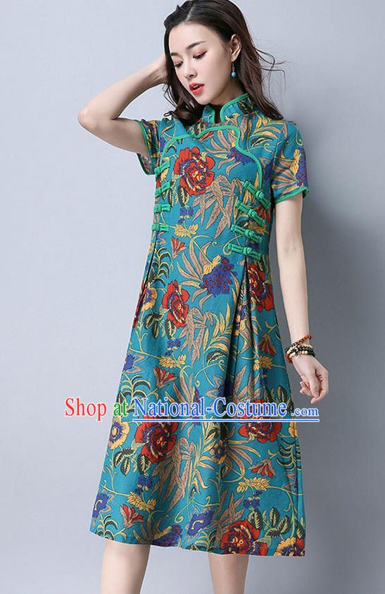 Traditional Ancient Chinese National Costume, Elegant Hanfu Mandarin Qipao Printing Linen Green Dress, China Tang Suit Chirpaur Cheongsam Upper Outer Garment Elegant Dress Clothing for Women