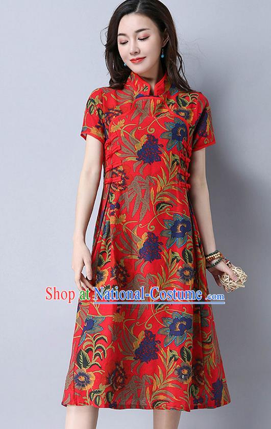 Traditional Ancient Chinese National Costume, Elegant Hanfu Mandarin Qipao Printing Linen Red Dress, China Tang Suit Chirpaur Cheongsam Upper Outer Garment Elegant Dress Clothing for Women