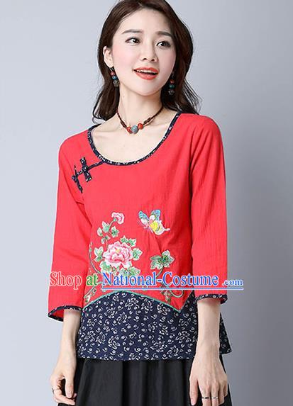 Traditional Chinese National Costume, Elegant Hanfu Embroidery Peony Flowers Red T-Shirt, China Tang Suit Republic of China Plated Button Chirpaur Blouse Cheong-sam Upper Outer Garment Qipao Shirts Clothing for Women