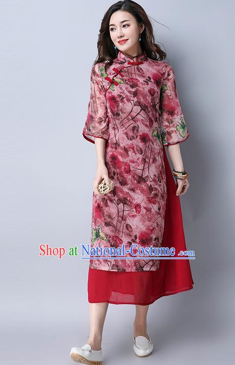 Traditional Ancient Chinese National Costume, Elegant Hanfu Mandarin Qipao Red Dress, China Tang Suit Chirpaur Republic of China Cheongsam Upper Outer Garment Elegant Dress Clothing for Women