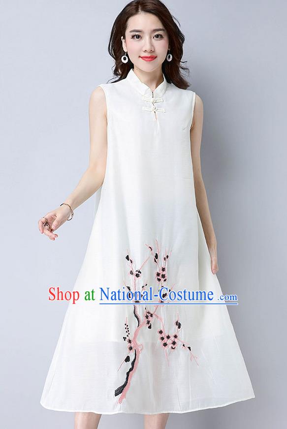 Traditional Ancient Chinese National Costume, Elegant Hanfu Mandarin Qipao Linen Embroidery Plum Blossom White Dress, China Tang Suit Chirpaur Republic of China Cheongsam Upper Outer Garment Elegant Dress Clothing for Women