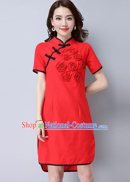 Traditional Ancient Chinese National Costume, Elegant Hanfu Mandarin Qipao Flowers Linen Red Dress, China Tang Suit Chirpaur Republic of China Cheongsam Upper Outer Garment Elegant Dress Clothing for Women