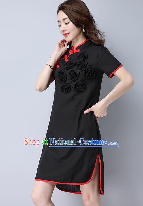 Traditional Ancient Chinese National Costume, Elegant Hanfu Mandarin Qipao Flowers Linen Black Dress, China Tang Suit Chirpaur Republic of China Cheongsam Upper Outer Garment Elegant Dress Clothing for Women