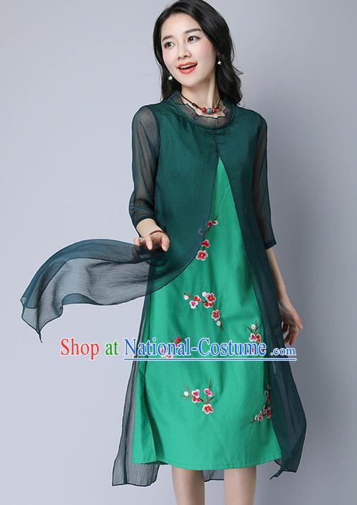 Traditional Ancient Chinese National Costume, Elegant Hanfu Mandarin Qipao Embroidery Green Dress, China Tang Suit Chirpaur Upper Outer Garment Elegant Dress Clothing for Women