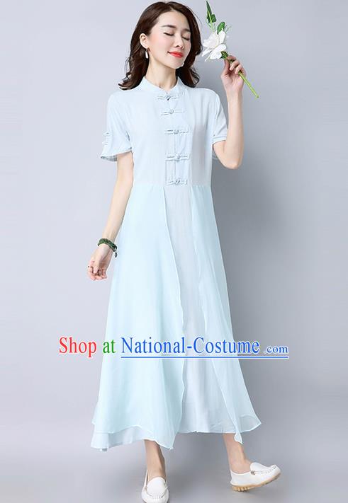 Traditional Ancient Chinese National Costume, Elegant Hanfu Mandarin Qipao Linen Blue Dress, China Tang Suit Chirpaur Republic of China Cheongsam Upper Outer Garment Elegant Dress Clothing for Women