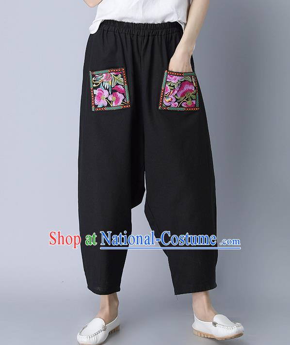 Traditional Chinese National Costume Plus Fours, Elegant Hanfu Patch Embroidered Black Bloomers, China Ethnic Minorities Tang Suit Pantalettes for Women