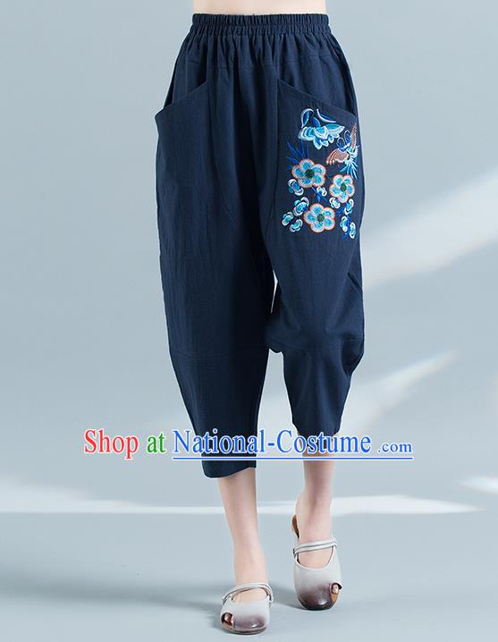 Traditional Chinese National Costume Plus Fours, Elegant Hanfu Embroidered Folk Dance Navy Bloomers, China Ethnic Minorities Tang Suit Pantalettes for Women