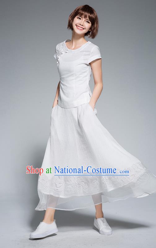 Traditional Ancient Chinese National Pleated Skirt Costume, Elegant Hanfu Chiffon Embroidery Long White Dress, China Tang Suit Big Swing Bust Skirt for Women