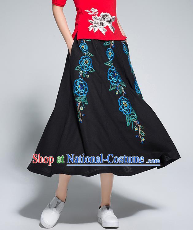 Traditional Ancient Chinese National Pleated Skirt Costume, Elegant Hanfu Linen Embroidery Long Black Dress, China Tang Suit Big Swing Bust Skirt for Women