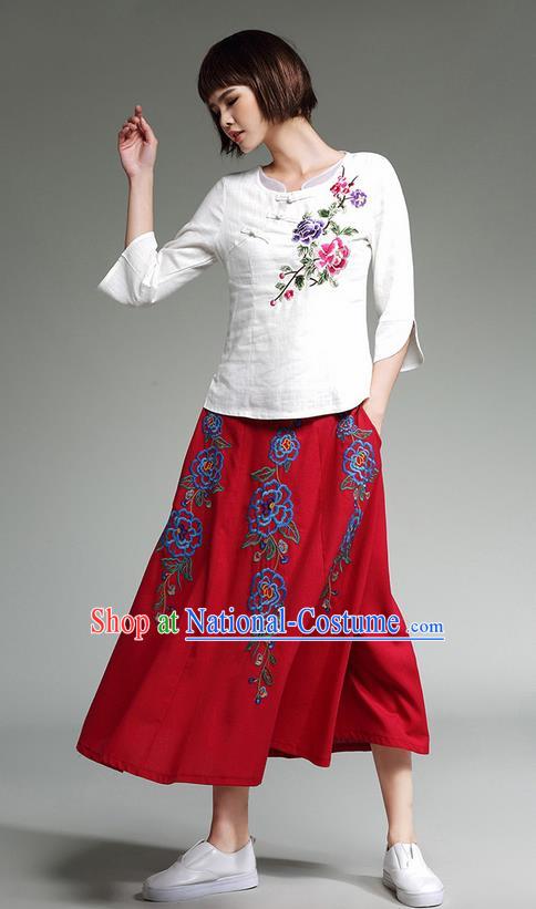 Traditional Ancient Chinese National Pleated Skirt Costume, Elegant Hanfu Linen Embroidery Long Red Dress, China Tang Suit Big Swing Bust Skirt for Women