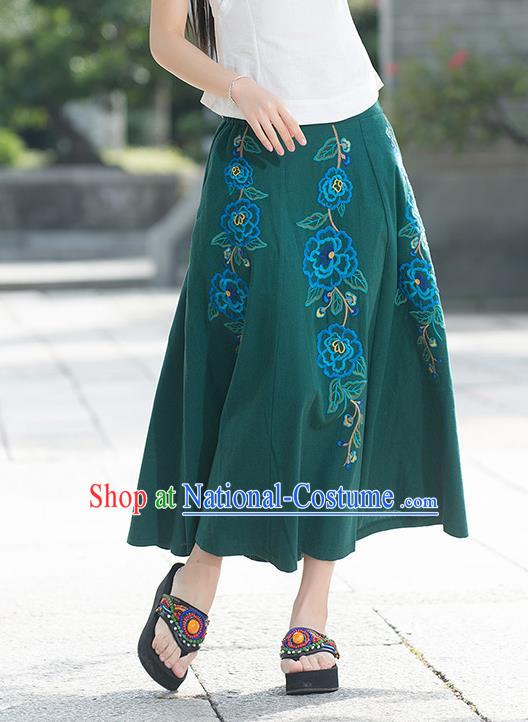 Traditional Ancient Chinese National Pleated Skirt Costume, Elegant Hanfu Linen Embroidery Long Green Dress, China Tang Suit Big Swing Bust Skirt for Women