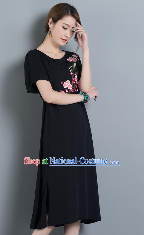 Traditional Ancient Chinese National Costume, Elegant Hanfu Mandarin Qipao Embroidery Peach Blossom Black Dress, China Tang Suit Chirpaur Upper Outer Garment Elegant Dress Clothing for Women