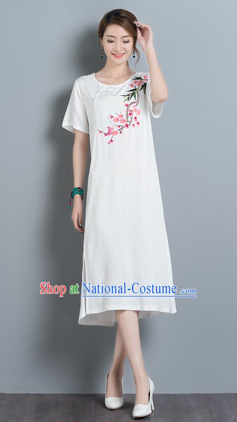 Traditional Ancient Chinese National Costume, Elegant Hanfu Mandarin Qipao Embroidery Peach Blossom White Dress, China Tang Suit Chirpaur Upper Outer Garment Elegant Dress Clothing for Women