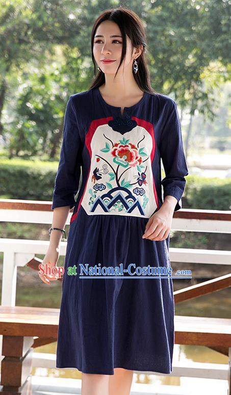 Traditional Ancient Chinese National Costume, Elegant Hanfu Patch Embroidery Navy Dress, China Tang Suit Chirpaur Upper Outer Garment Elegant Dress Clothing for Women