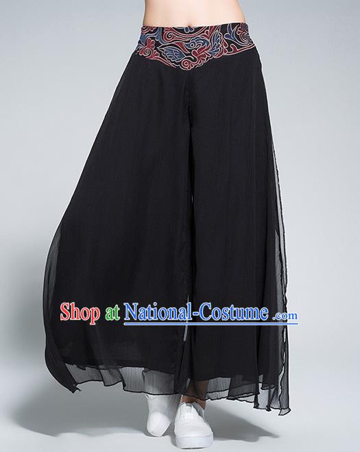 Traditional Chinese National Costume Loose Pants, Elegant Hanfu Embroidered Waistband Chiffon Black Wide leg Pants, China Ethnic Minorities Tang Suit Folk Dance Ultra-wide-leg Trousers for Women