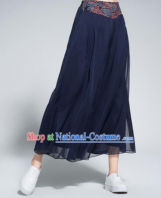 Traditional Chinese National Costume Loose Pants, Elegant Hanfu Embroidered Waistband Chiffon Navy Wide leg Pants, China Ethnic Minorities Tang Suit Folk Dance Ultra-wide-leg Trousers for Women