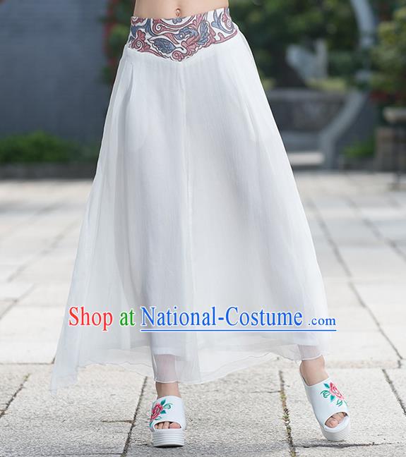 Traditional Chinese National Costume Loose Pants, Elegant Hanfu Embroidered Waistband Chiffon White Wide leg Pants, China Ethnic Minorities Tang Suit Folk Dance Ultra-wide-leg Trousers for Women