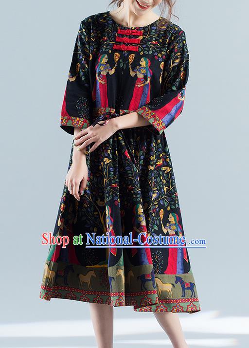 Traditional Ancient Chinese National Costume, Elegant Hanfu Mandarin Qipao Printing Folk Dance Navy Big Swing Dress, China Tang Suit National Minority Upper Outer Garment Elegant Dress Clothing for Women