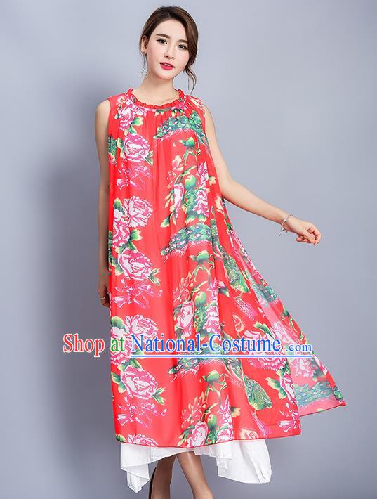 Traditional Ancient Chinese National Costume, Elegant Hanfu Mandarin Qipao Printing Peony Folk Dance Big Swing Red Dress, China Tang Suit National Minority Upper Outer Garment Elegant Dress Clothing for Women