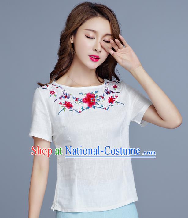 Traditional Chinese National Costume, Elegant Hanfu Embroidery Flowers White Base Shirt, China Tang Suit Republic of China Chirpaur Blouse Cheong-sam Upper Outer Garment Qipao Shirts Clothing for Women