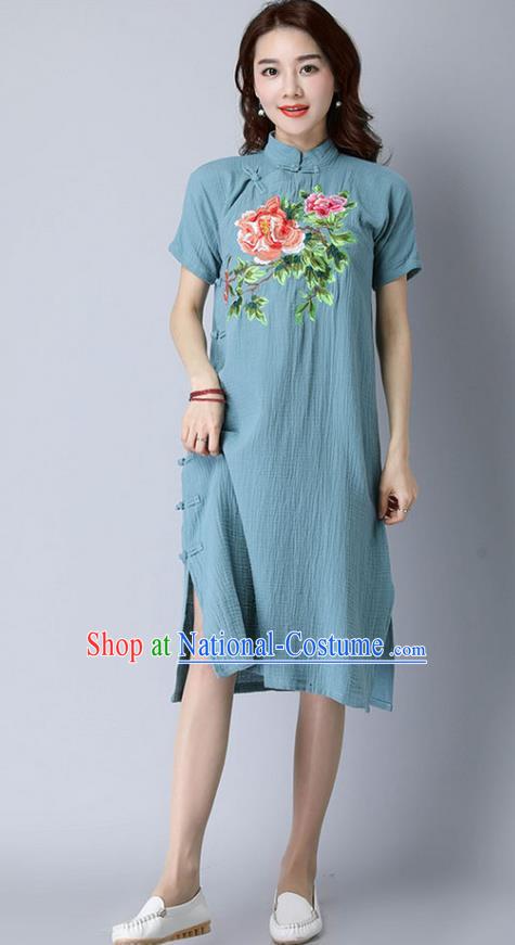 Traditional Ancient Chinese National Costume, Elegant Hanfu Stand Collar Mandarin Qipao Embroidery Slant Opening Blue Dress, China Tang Suit Cheongsam Upper Outer Garment Elegant Dress Clothing for Women