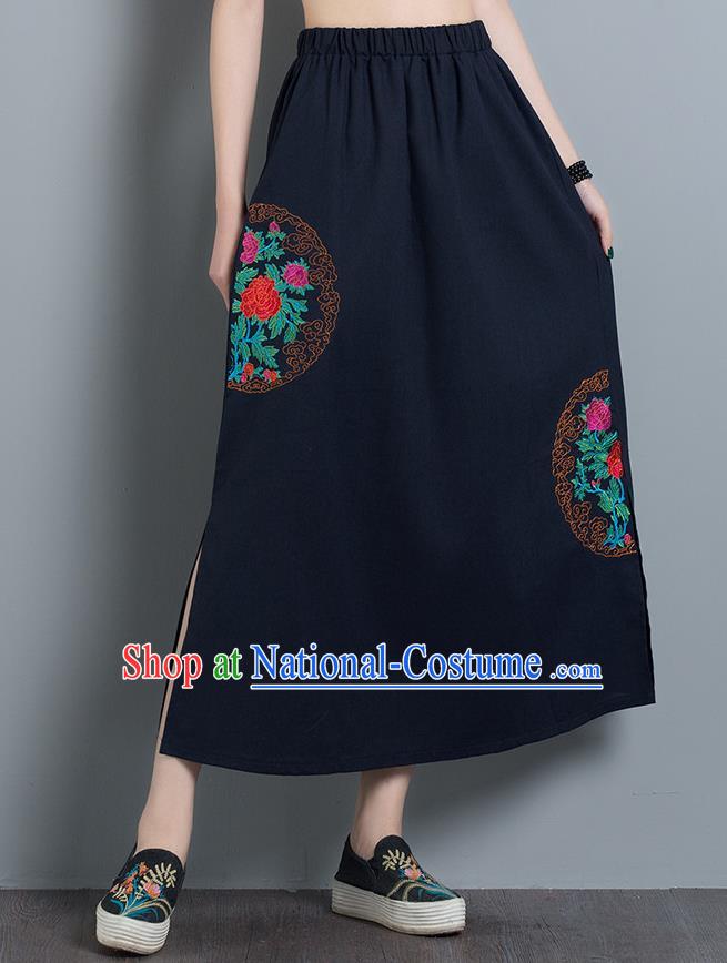 Traditional Ancient Chinese National Pleated Skirt Costume, Elegant Hanfu Embroidery Long Navy Dress, China Tang Suit Folk Dance Bust Skirt for Women