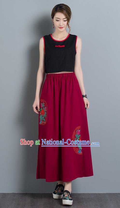 Traditional Ancient Chinese National Pleated Skirt Costume, Elegant Hanfu Embroidery Long Red Dress, China Tang Suit Folk Dance Bust Skirt for Women