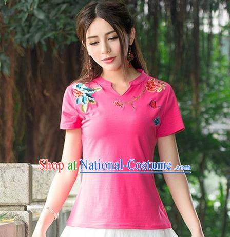 Traditional Chinese National Costume, Elegant Hanfu Embroidery Flowers Pink Base T-Shirt, China Tang Suit Republic of China Chirpaur Blouse Cheong-sam Upper Outer Garment Qipao Shirts Clothing for Women