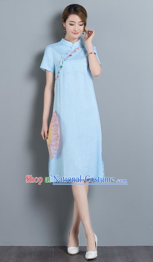 Traditional Ancient Chinese National Costume, Elegant Hanfu Mandarin Qipao Embroidery Stand Collar Blue Dress, China Tang Suit Chirpaur Upper Outer Garment Elegant Dress Clothing for Women